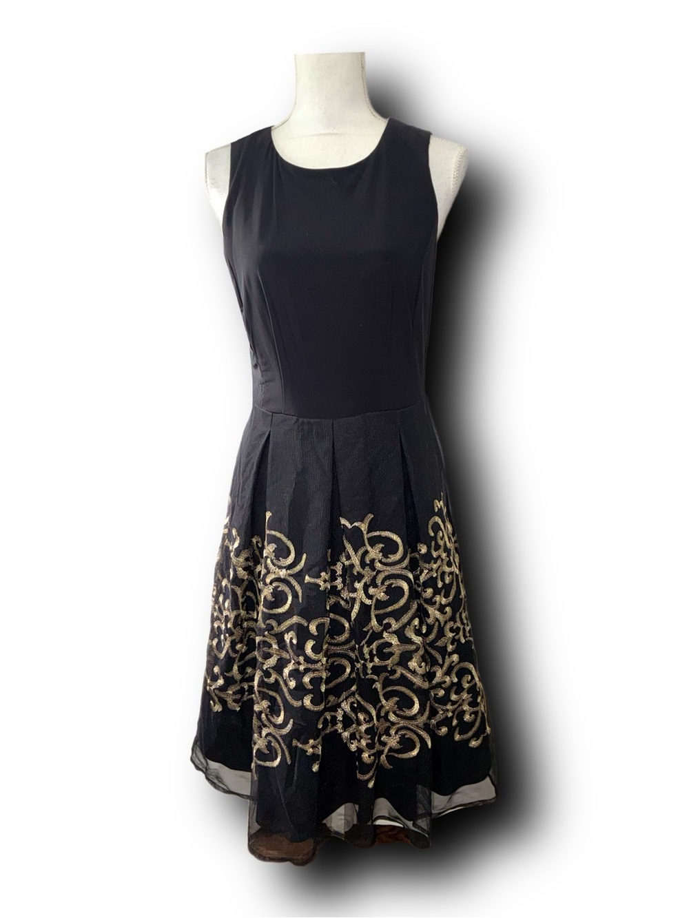 R&K Black Sleeveless Fit-and-Flare Party Dress with Gold Embroidered Tulle Skirt